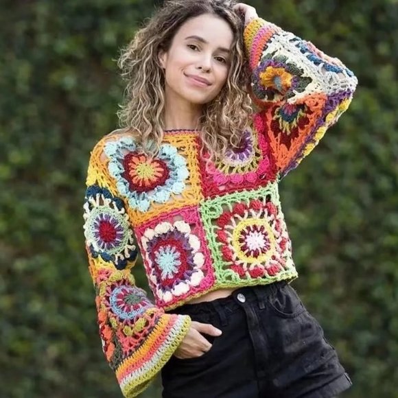 Bohemian Handmade Crochet Granny Square Long Sleeve Crew Neck Cute Summer Tops - Picture 3 of 5